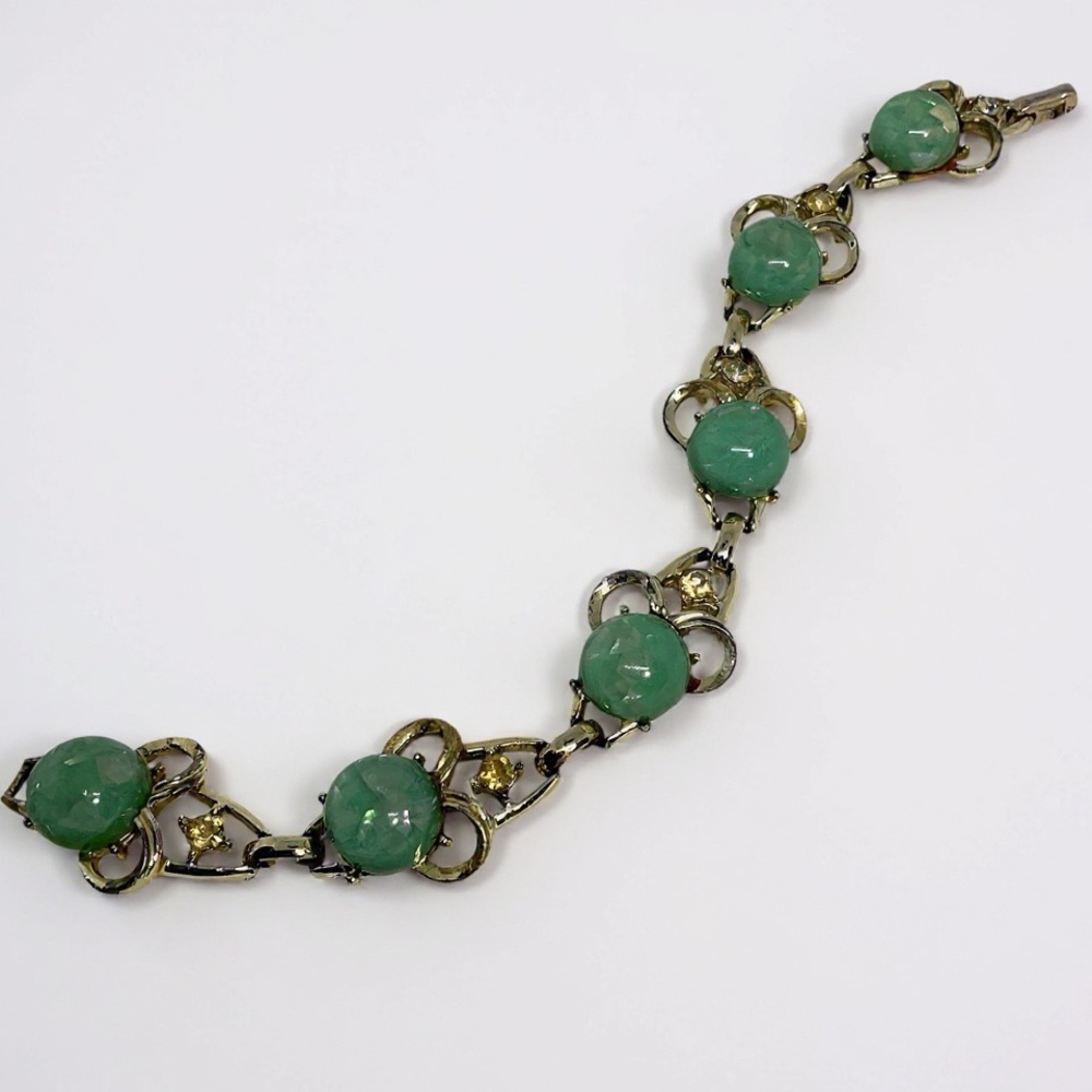 Vintage Coro Green Moonglow Lucite Cabochon Link Bracelet